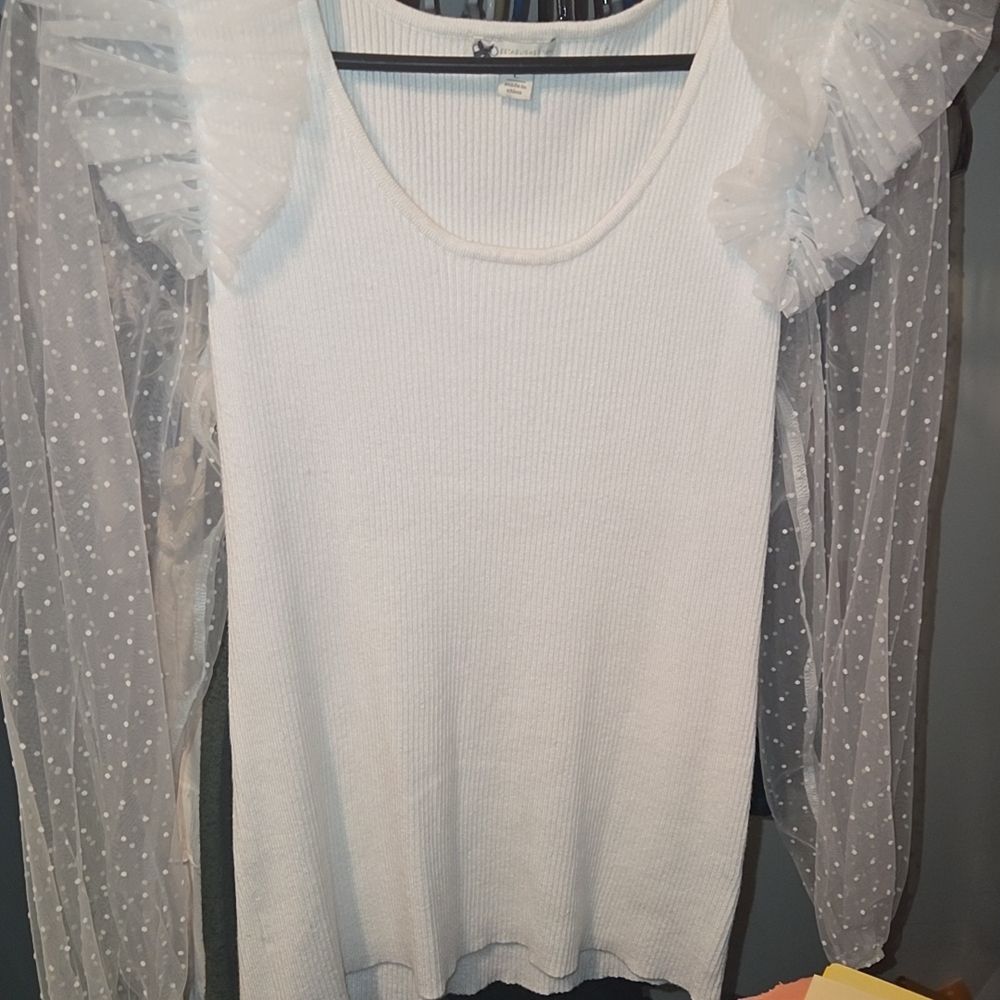 Elegant White Blouse with Sheer Polka Dot Sleeves